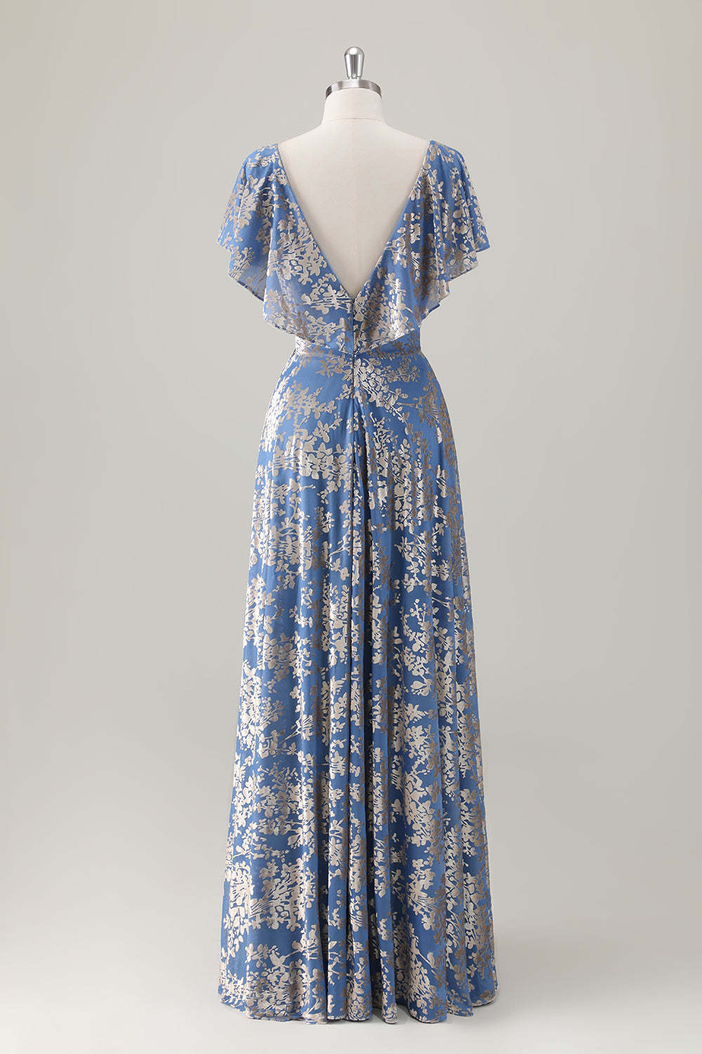 Grey Blue A-Line Floral Printed Burnout Velvet Bridesmaid Dress with Sash