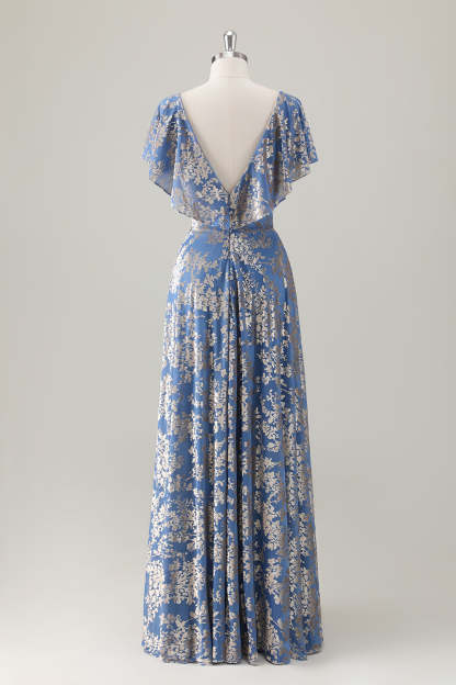 Grey Blue A-Line Floral Printed Burnout Velvet Bridesmaid Dress with Sash