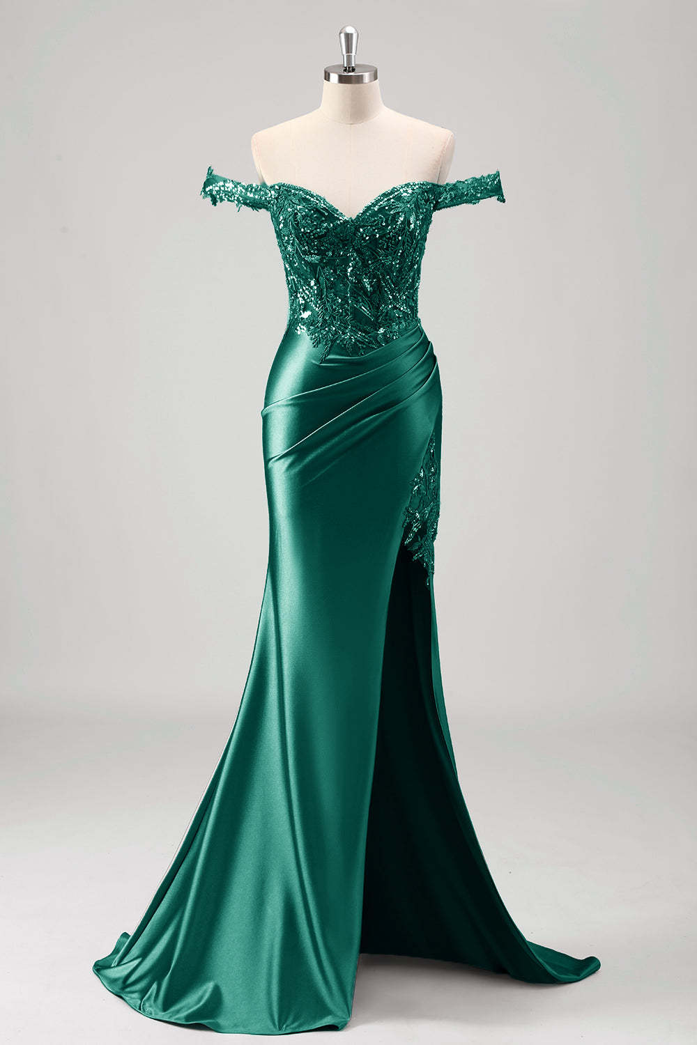 Sparkly Grey Green Plus Size Off the Shoulder Satin Mermaid Prom Dress with Sequin