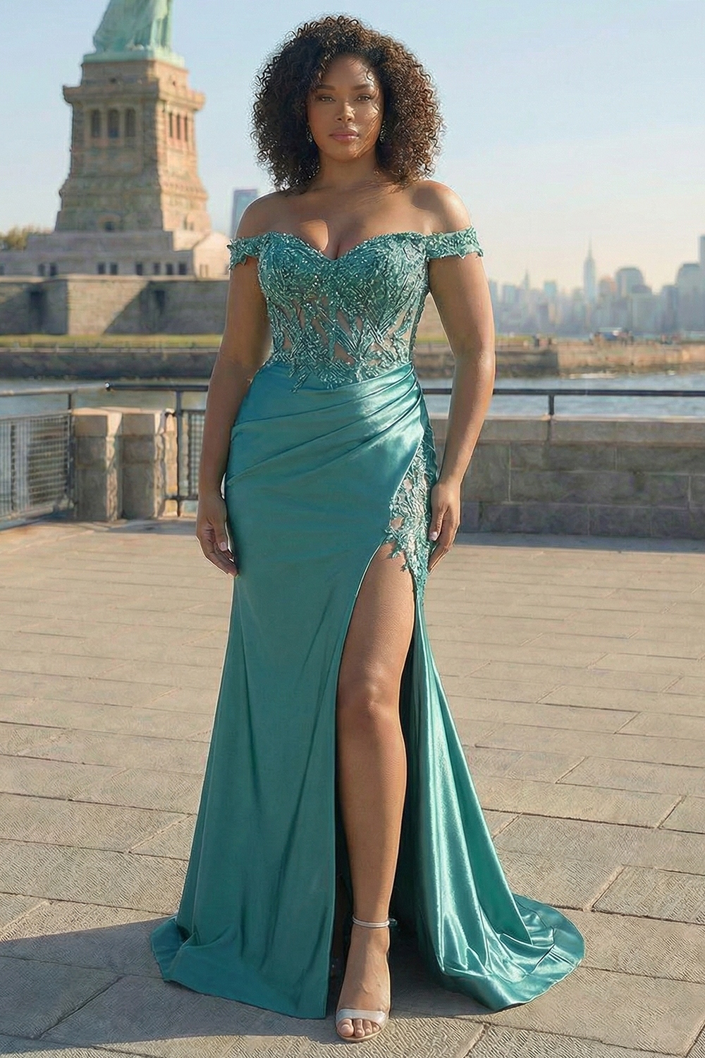 Grey Green Off the Shoulder Sequined Satin Mermaid Prom Dress with Slit
