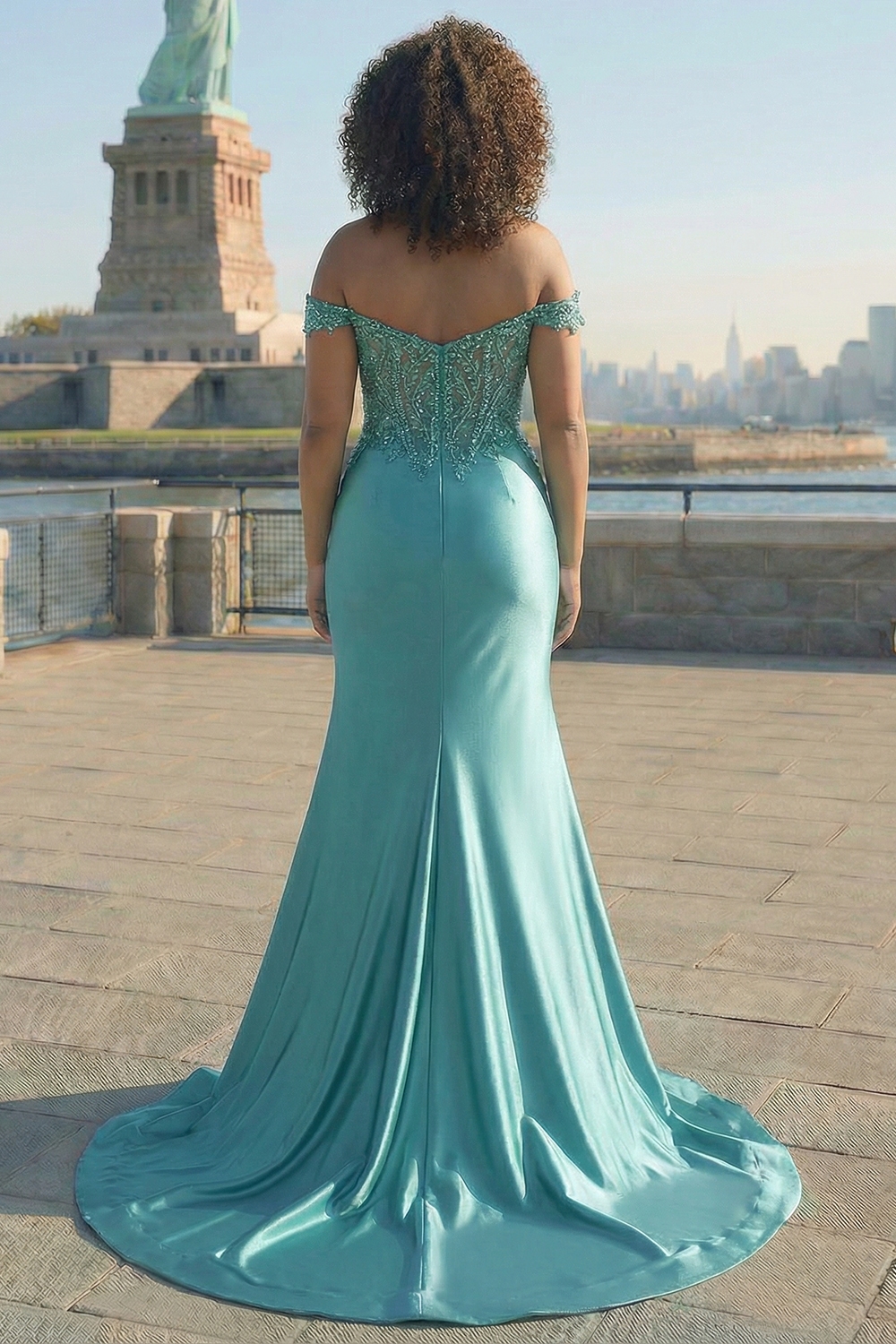 Grey Green Off the Shoulder Sequined Satin Mermaid Prom Dress with Slit