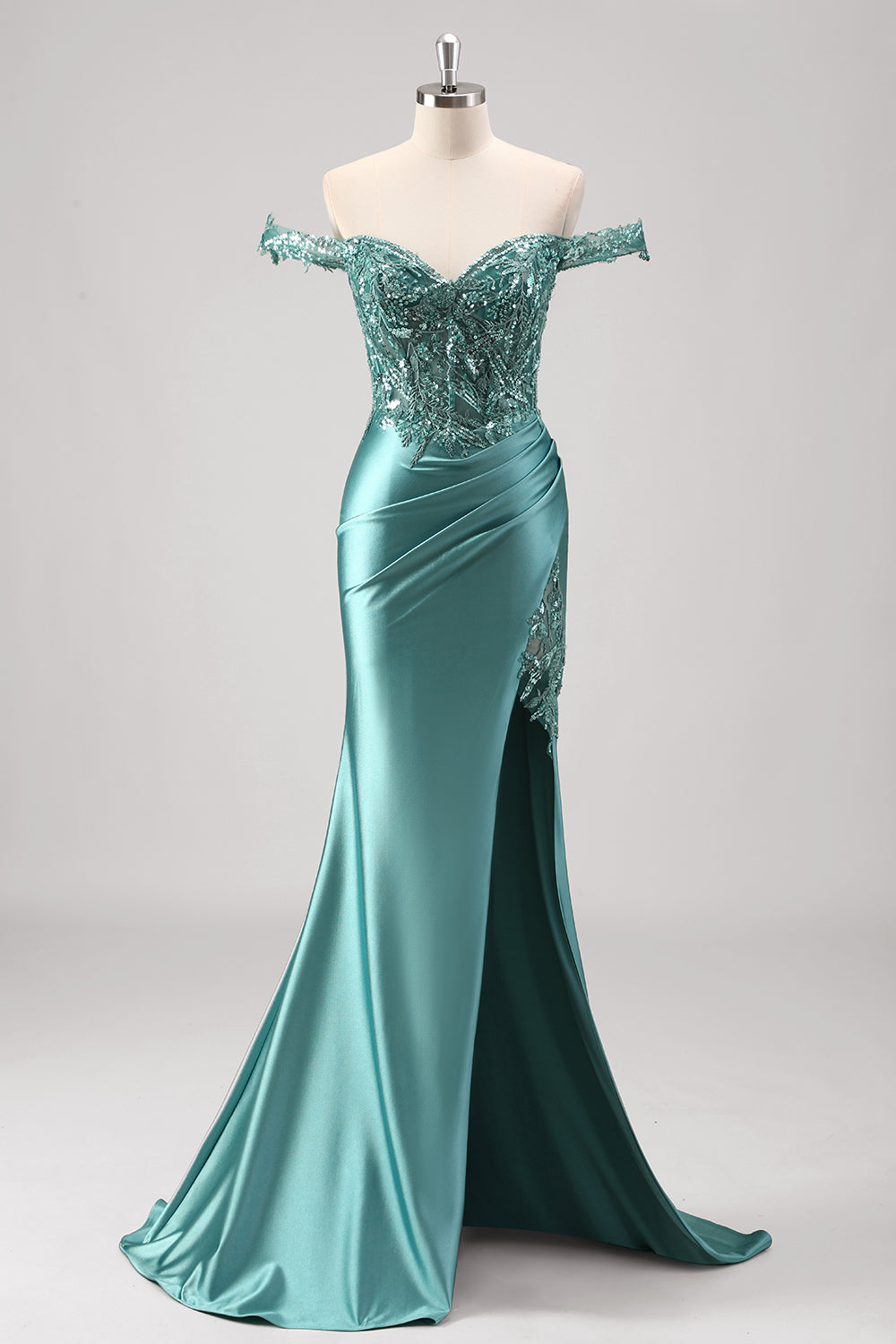 Sparkly Grey Green Plus Size Off the Shoulder Satin Mermaid Prom Dress with Sequin