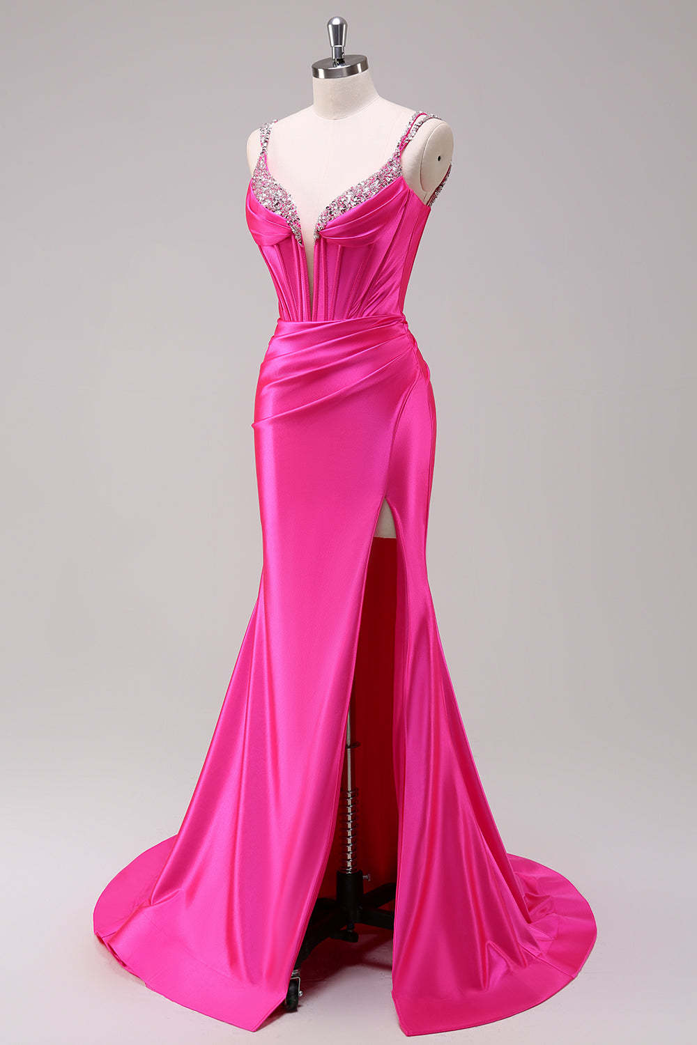 Fuchsia Mermaid Corset Sequin Sweep Train Prom Dress with Slit