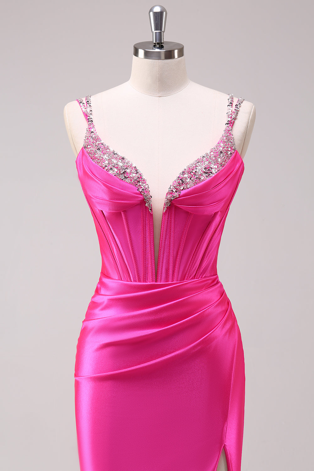 Fuchsia Mermaid Corset Sequin Sweep Train Prom Dress with Slit