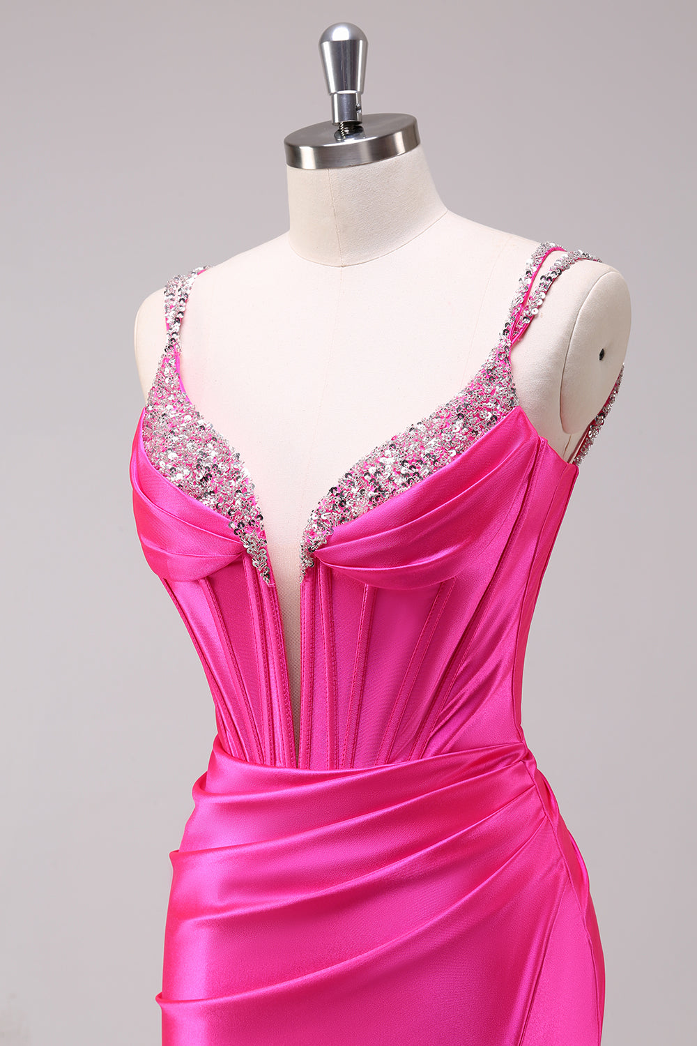 Fuchsia Mermaid Corset Sequin Sweep Train Prom Dress with Slit