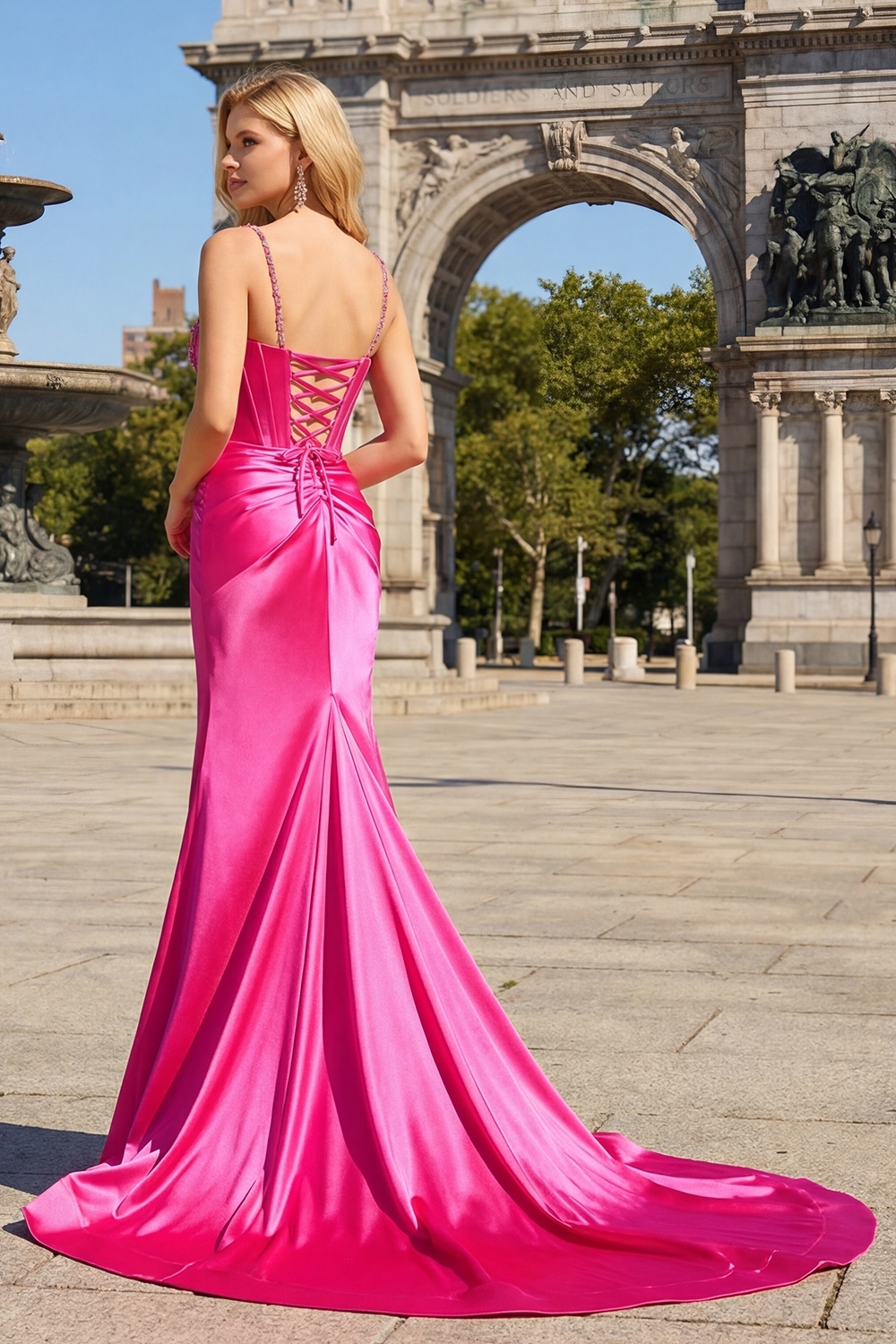 Fuchsia Mermaid Corset Sequin Sweep Train Prom Dress with Slit