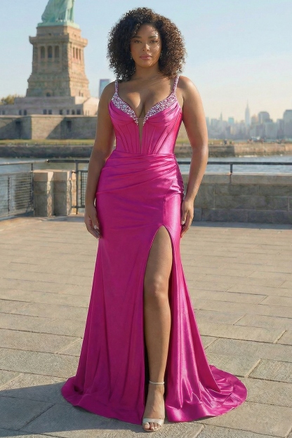 Fuchsia Mermaid Corset Sequin Sweep Train Prom Dress with Slit