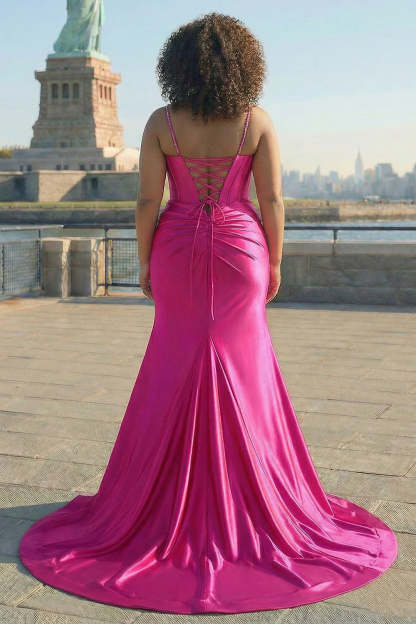 Purple Corset Sequin Plus Size Sweep Train Mermaid Prom Dress with Slit
