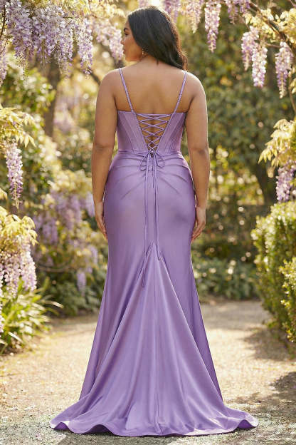 Purple Corset Sequin Plus Size Sweep Train Mermaid Prom Dress with Slit