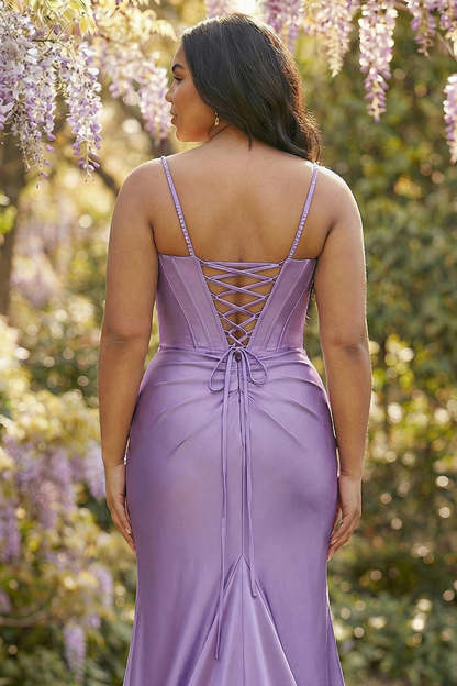 Purple Corset Sequin Plus Size Sweep Train Mermaid Prom Dress with Slit