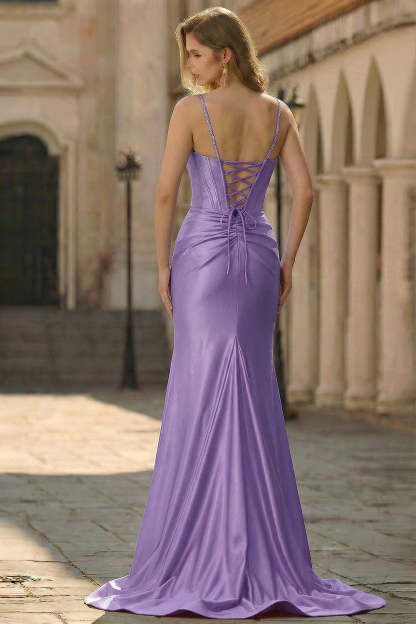 Purple Corset Sequin Plus Size Sweep Train Mermaid Prom Dress with Slit
