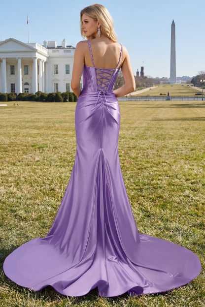 Fuchsia Mermaid Corset Sequin Sweep Train Prom Dress with Slit