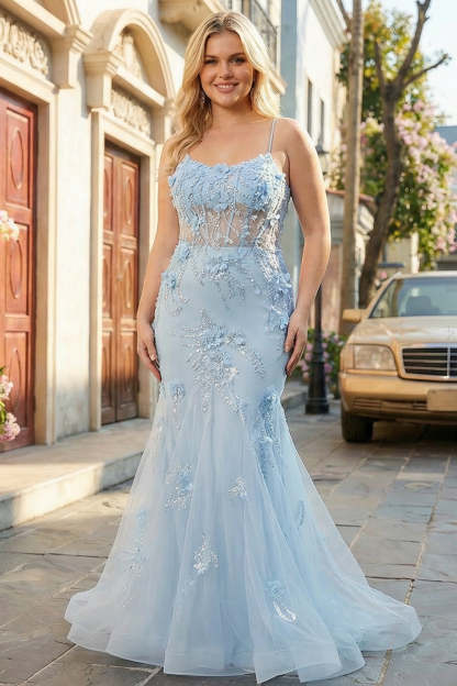 Leely Women Blue Plus Size Applique Mermaid Tulle Prom Dress with Beading Evening Fomral Dress with Criss Cross Back