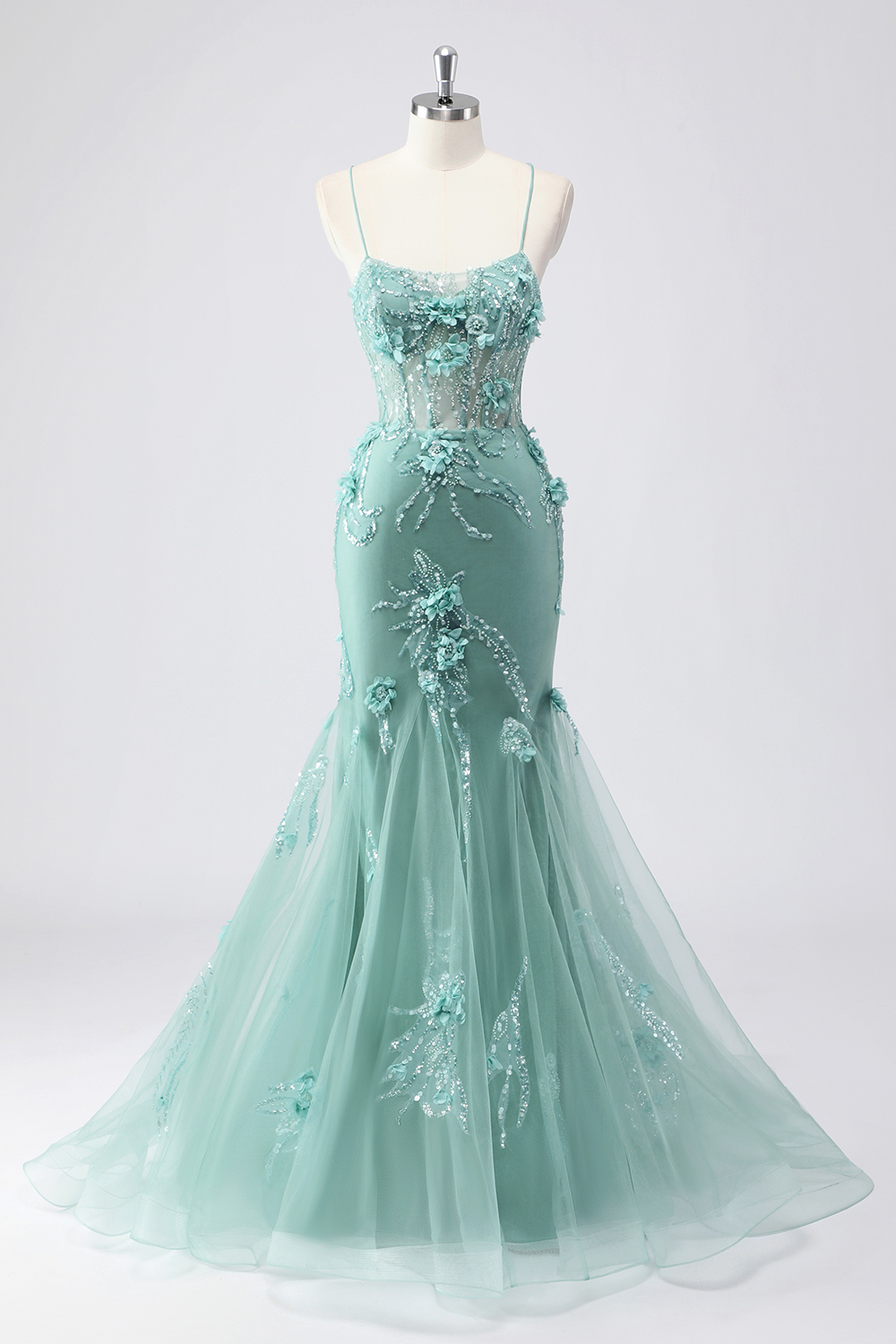 Blue Applique Mermaid Tulle Prom Dress with Beading