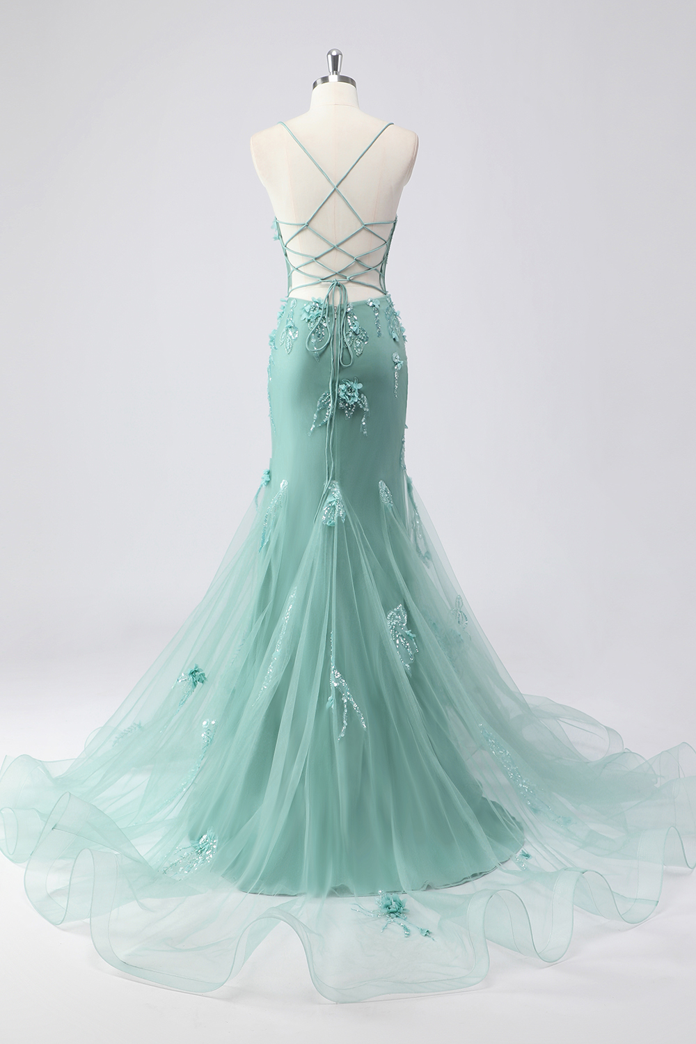 Blue Applique Mermaid Tulle Prom Dress with Beading