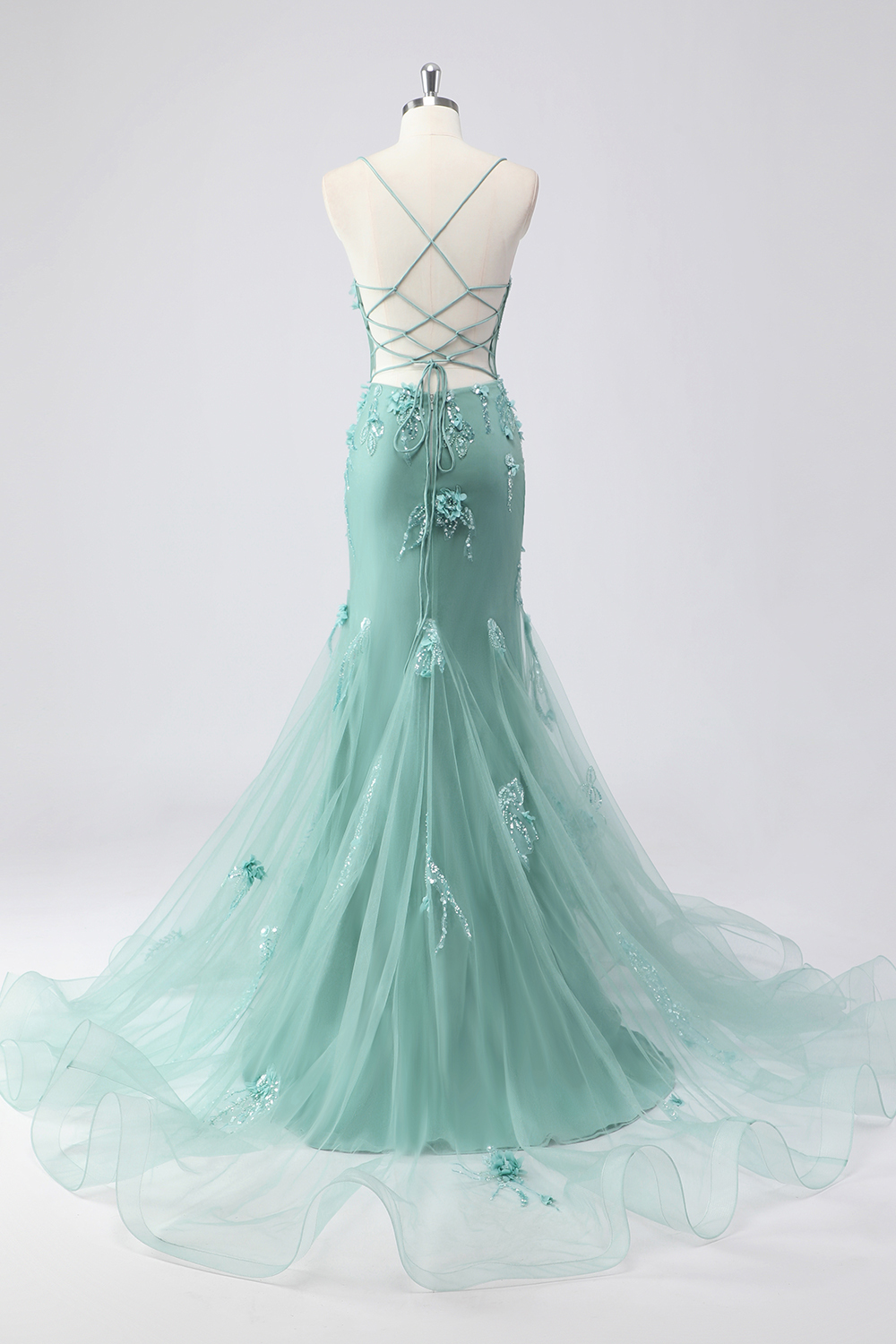 Blue Applique Mermaid Tulle Prom Dress with Beading