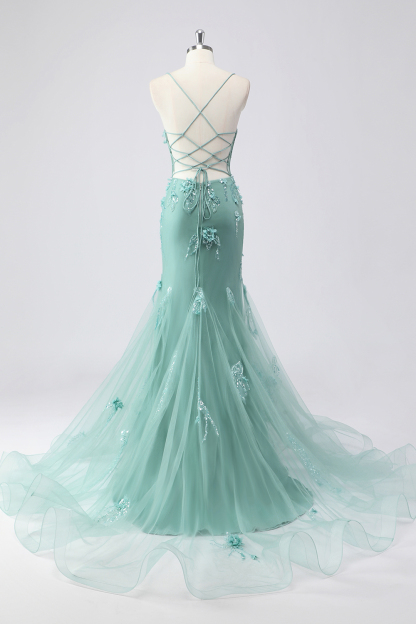 Blue Applique Mermaid Tulle Prom Dress with Beading