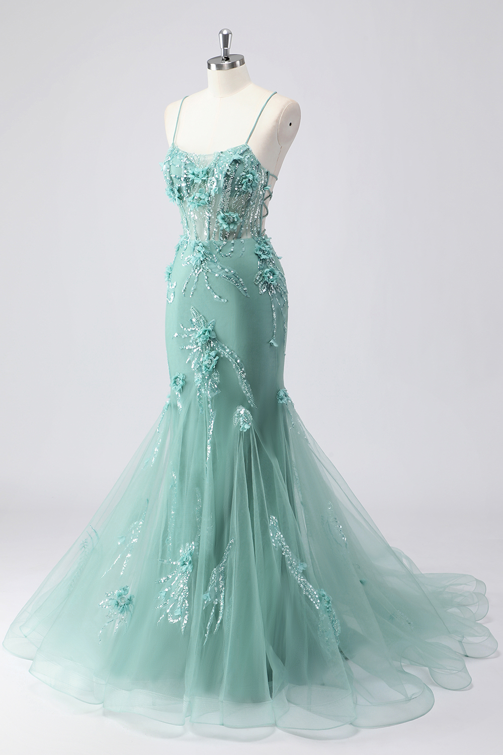 Blue Applique Mermaid Tulle Prom Dress with Beading