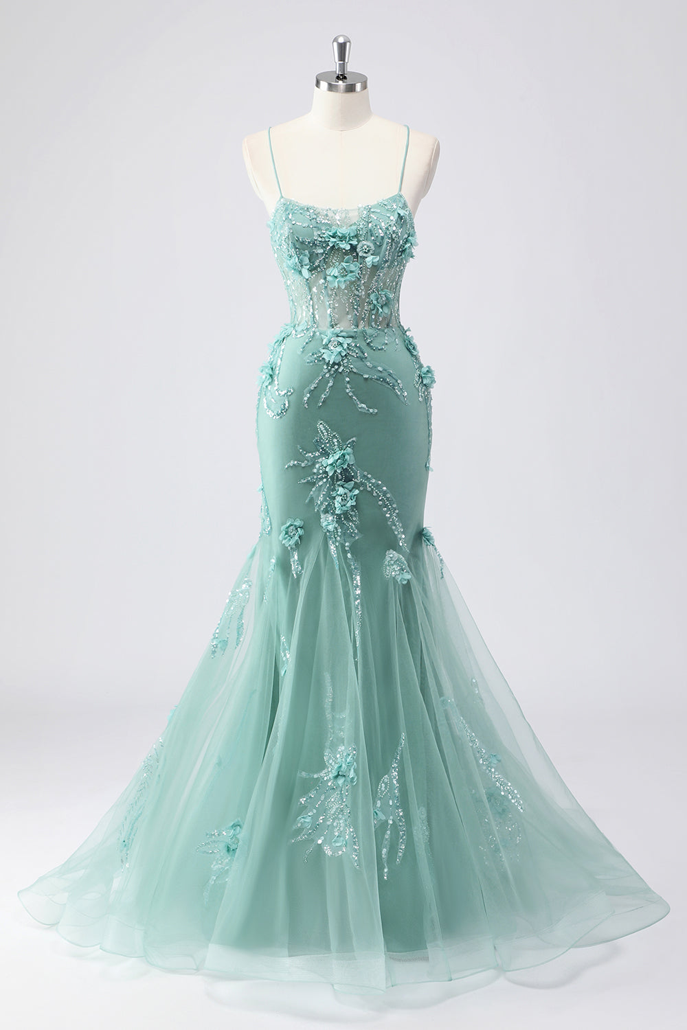 Blue Applique Mermaid Plus Size Tulle Prom Dress with Beading