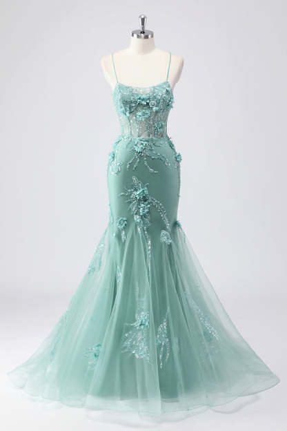 Blue Applique Mermaid Plus Size Tulle Prom Dress with Beading