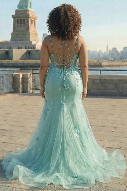 Blue Applique Mermaid Tulle Prom Dress with Beading