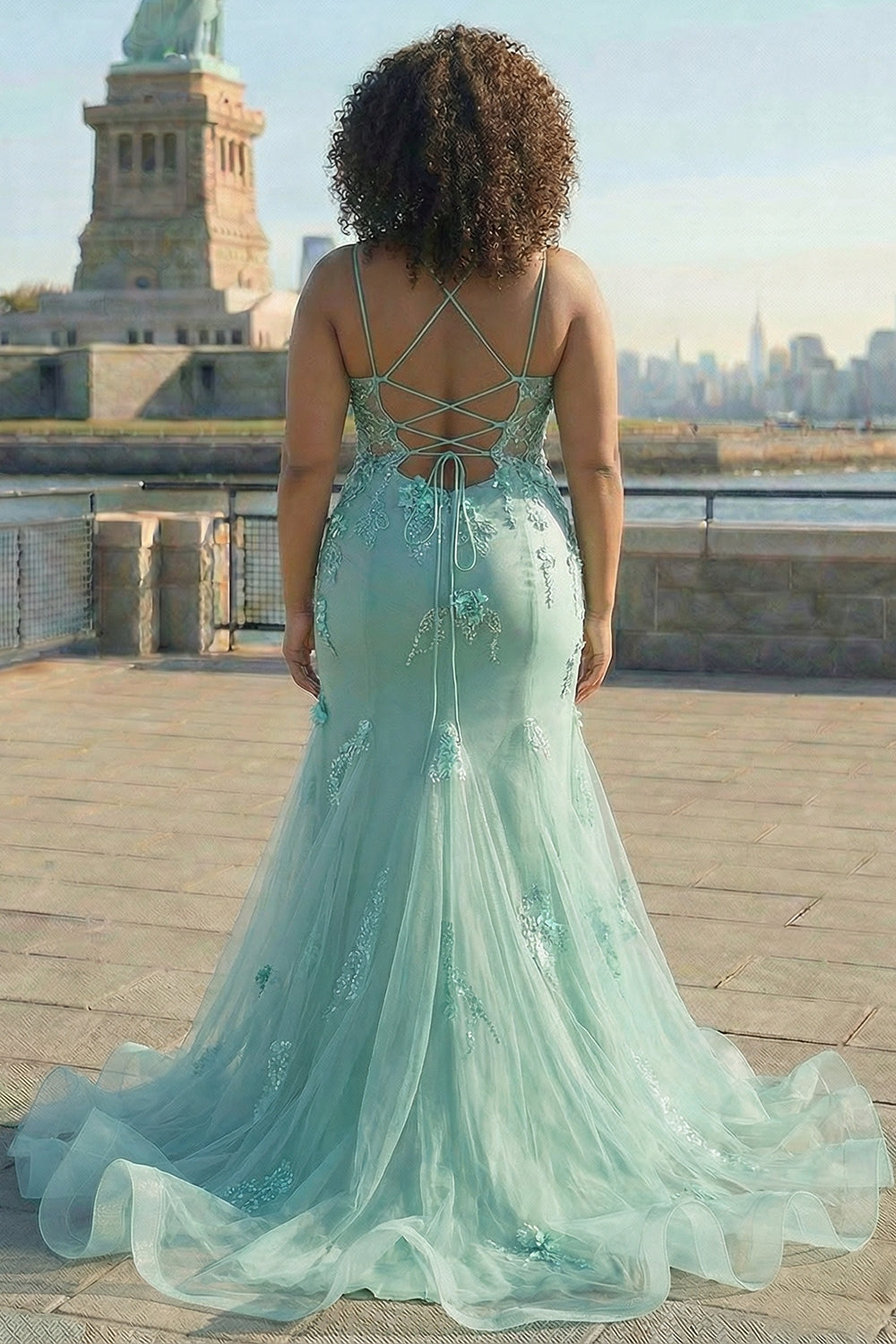 Blue Applique Mermaid Plus Size Tulle Prom Dress with Beading