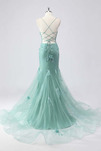 Blue Applique Mermaid Plus Size Tulle Prom Dress with Beading