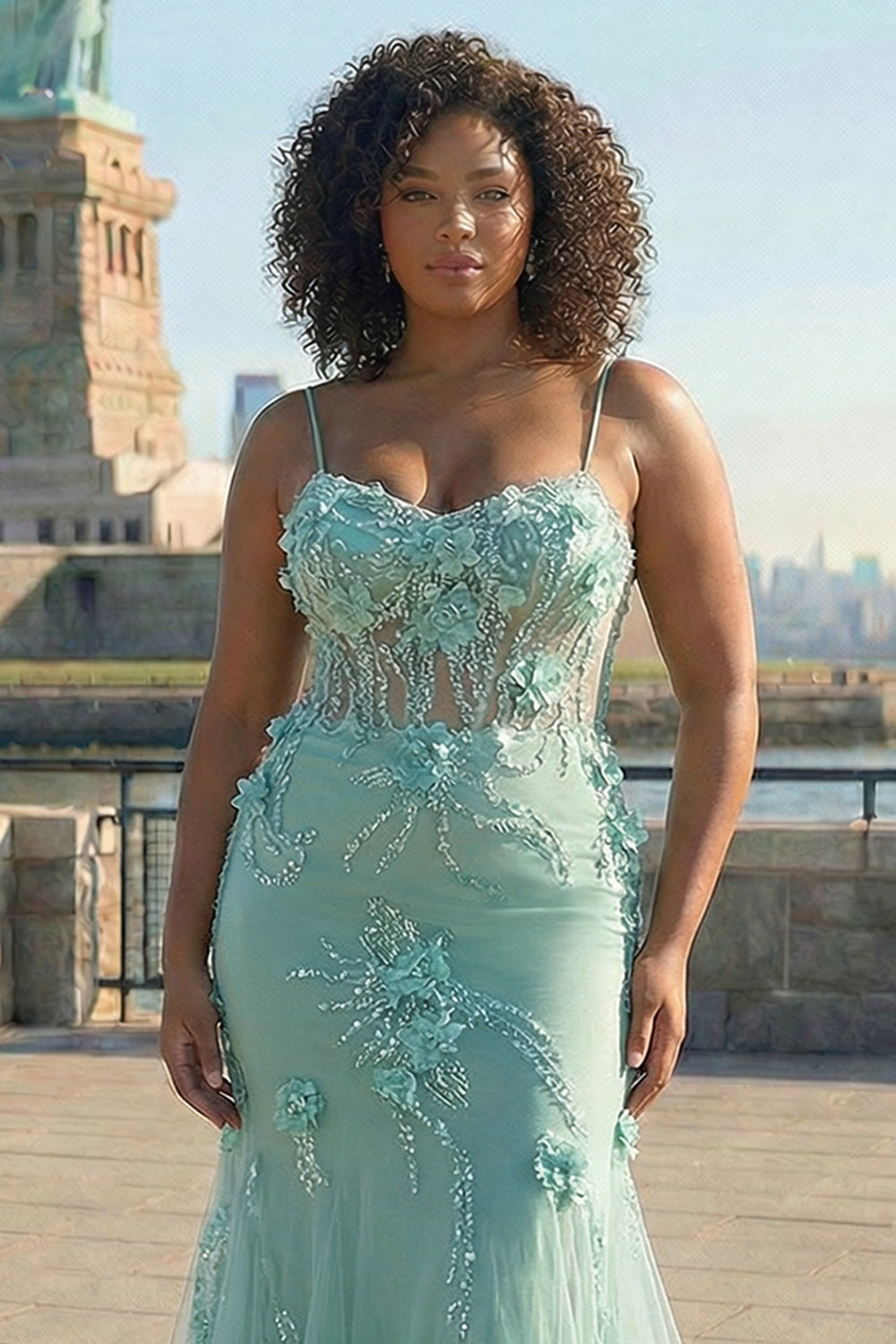 Blue Applique Mermaid Plus Size Tulle Prom Dress with Beading