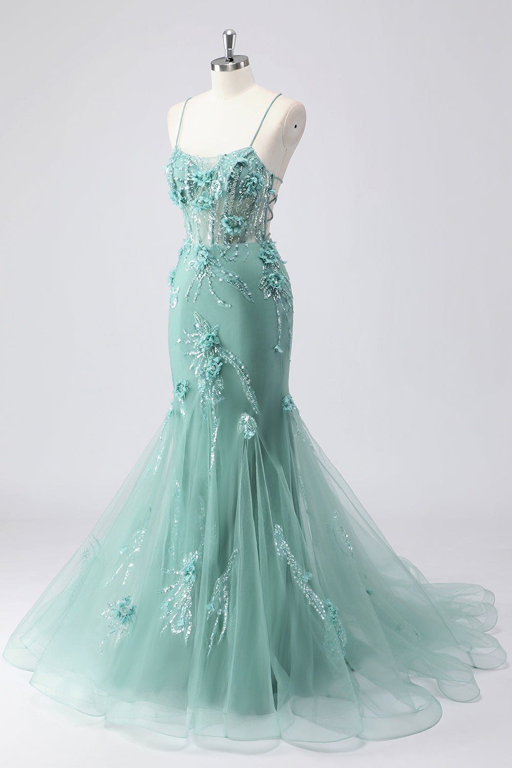 Blue Applique Mermaid Plus Size Tulle Prom Dress with Beading