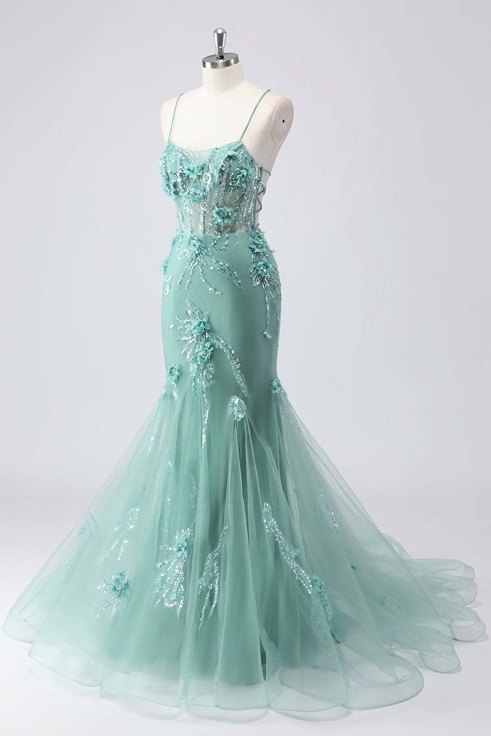 Blue Applique Mermaid Plus Size Tulle Prom Dress with Beading