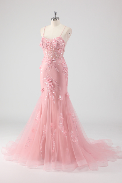 Blue Applique Mermaid Tulle Prom Dress with Beading