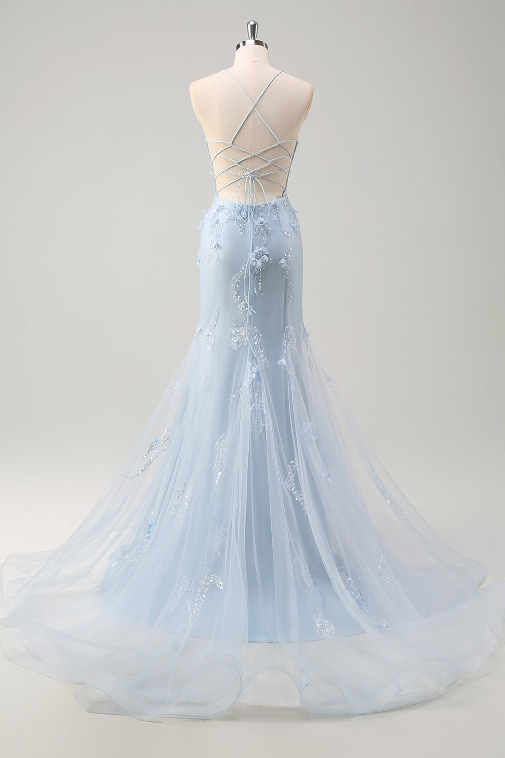 Blue Applique Mermaid Plus Size Tulle Prom Dress with Beading
