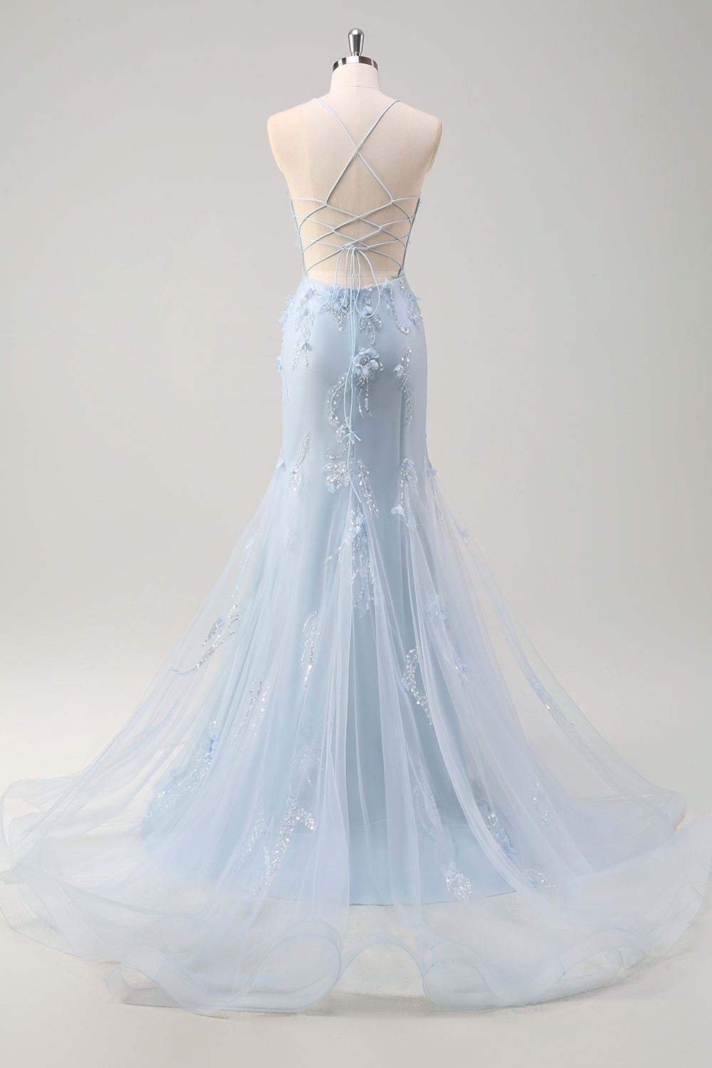 Blue Applique Mermaid Plus Size Tulle Prom Dress with Beading