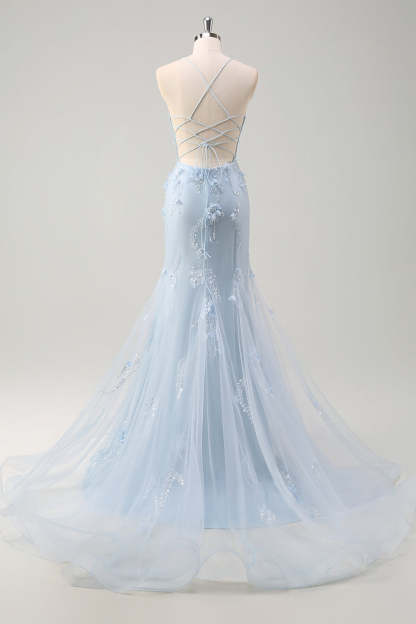 Blue Applique Mermaid Plus Size Tulle Prom Dress with Beading