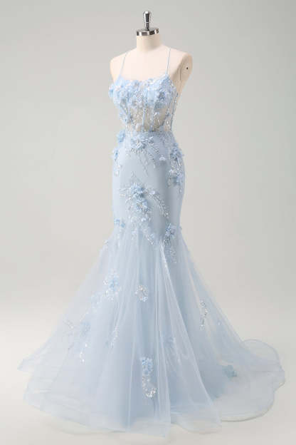 Blue Applique Mermaid Plus Size Tulle Prom Dress with Beading