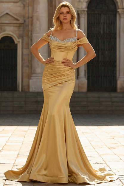 Golden Mermaid Plus Size Spaghetti Straps Sequined Satin Prom Dress