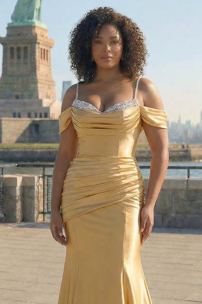 Golden Mermaid Plus Size Spaghetti Straps Sequined Satin Prom Dress