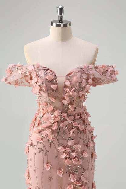 Blush Mermaid 3D Flowers Plus Size Off the Shoulder Long Prom Dress with Slit