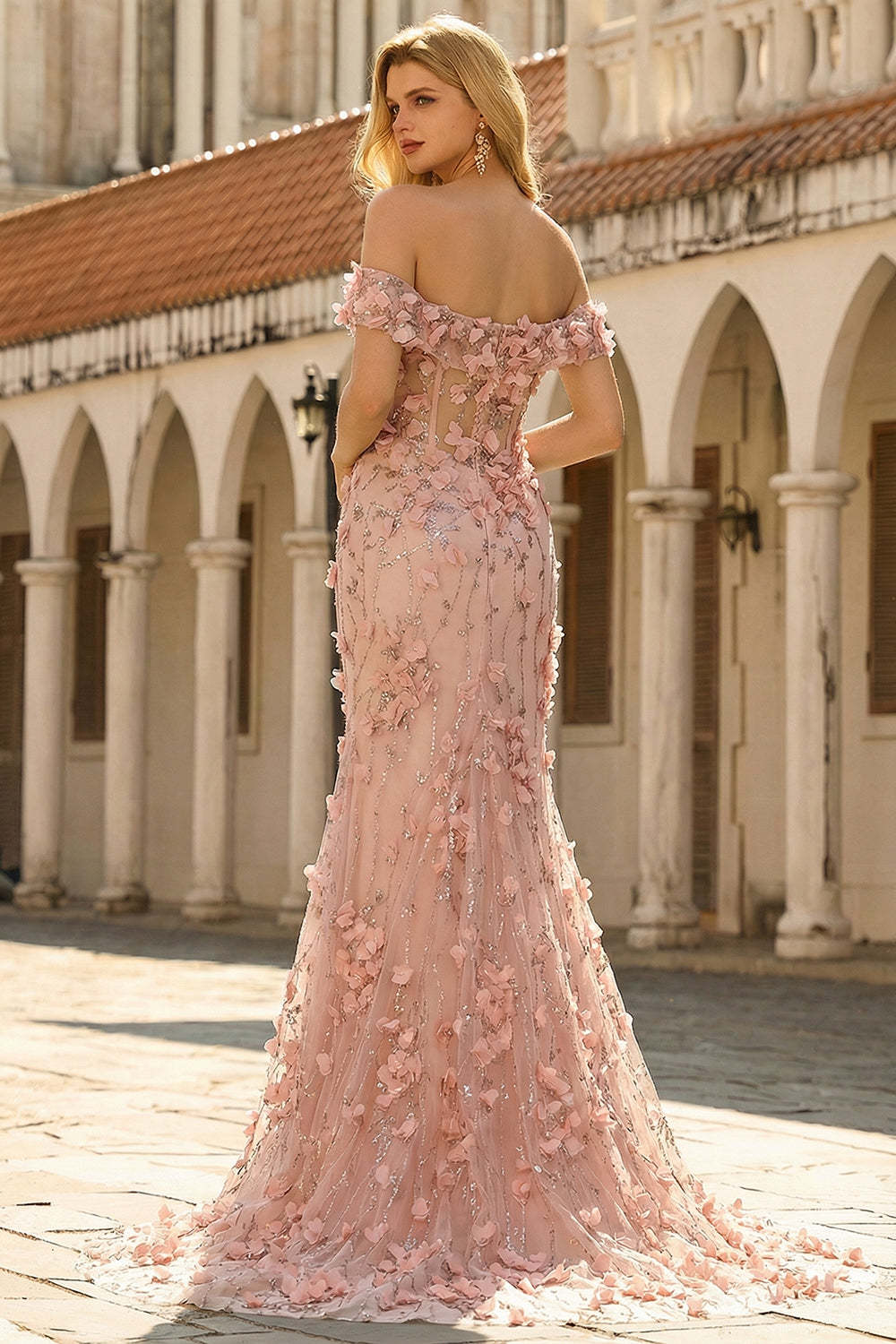 Mermaid Blush Floral Plus Size Off the Shoulder Long Prom Dress with Slit