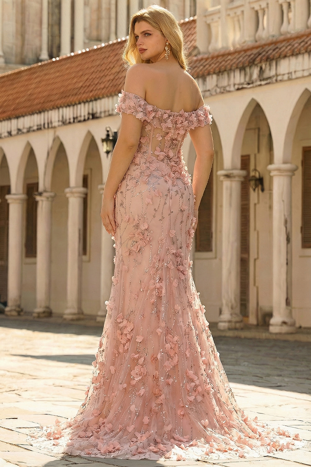 Blush Mermaid 3D Flowers Plus Size Off the Shoulder Long Prom Dress with Slit
