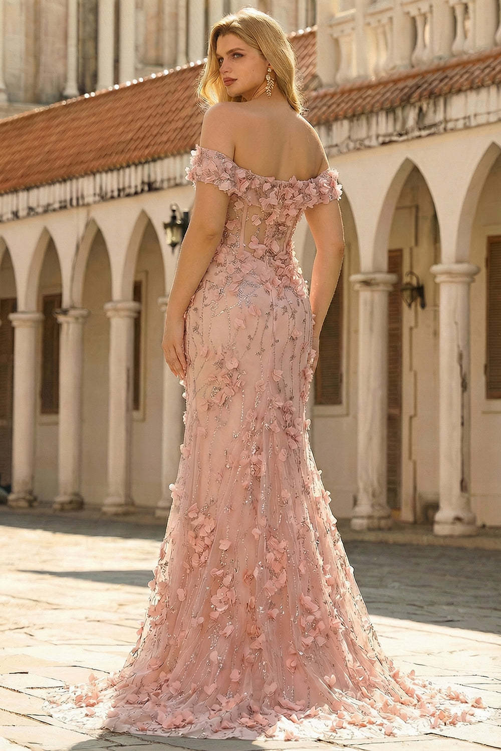 Blush Mermaid 3D Flowers Plus Size Off the Shoulder Long Prom Dress with Slit