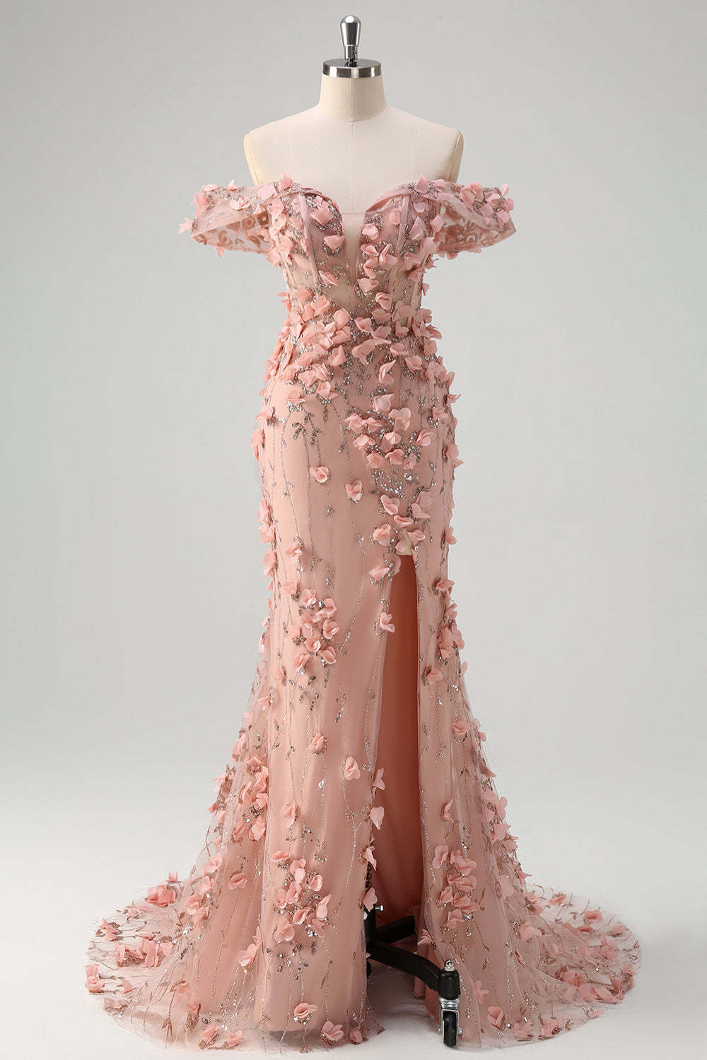 Blush Mermaid 3D Flowers Plus Size Off the Shoulder Long Prom Dress with Slit