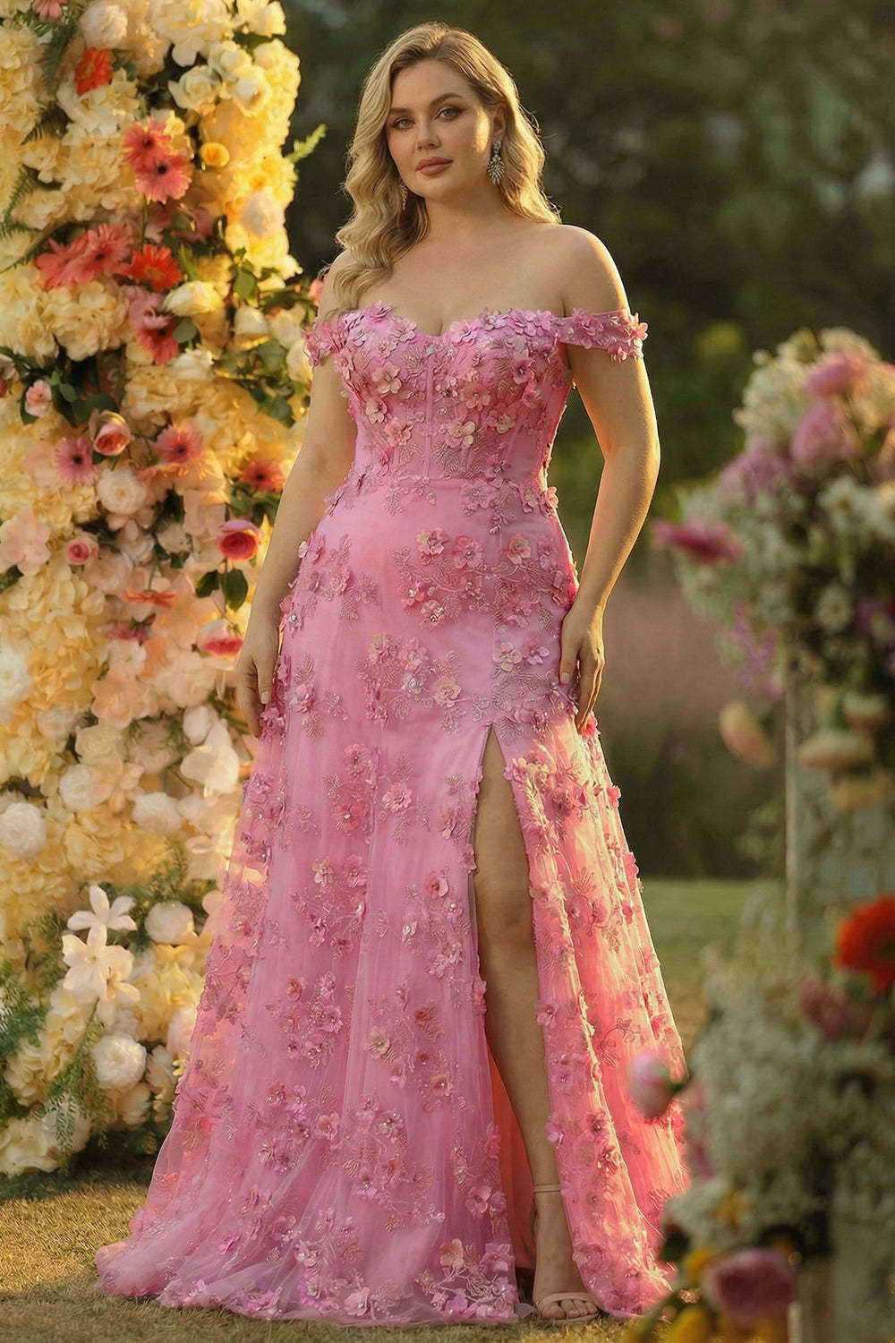 Leely Women Taro Purple Plus Size Corset Applique Prom Dress with Slit Off the Shoulder A-Line Formal Dress