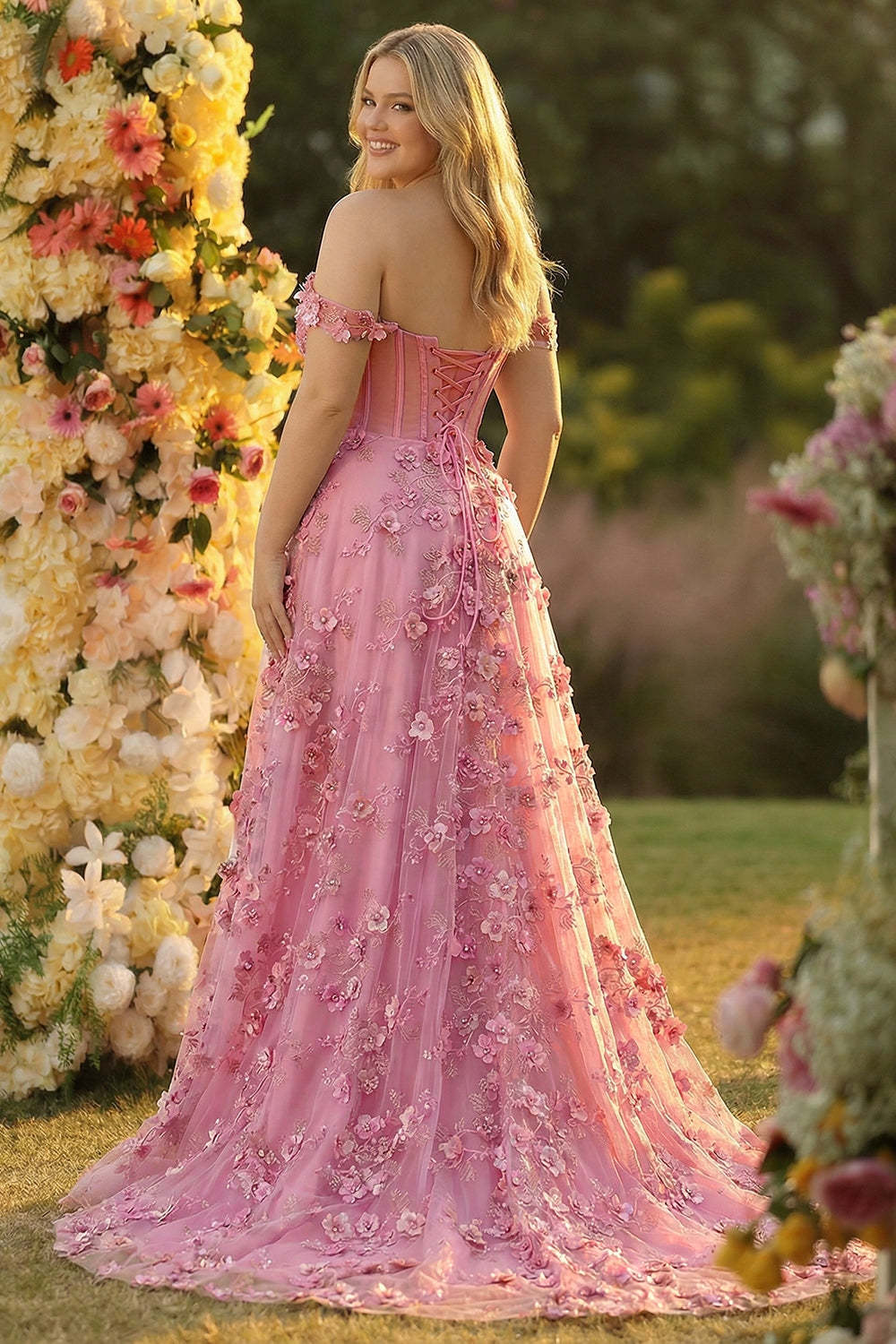 Taro Purple Off the Shoulder Plus Size Corset Applique Prom Dress with Slit