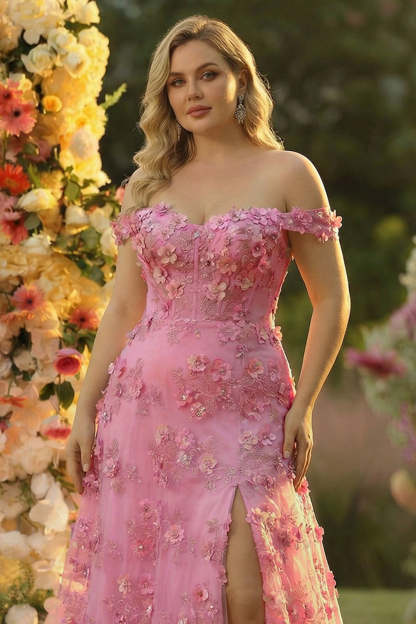 Taro Purple Off the Shoulder Plus Size Corset Applique Prom Dress with Slit