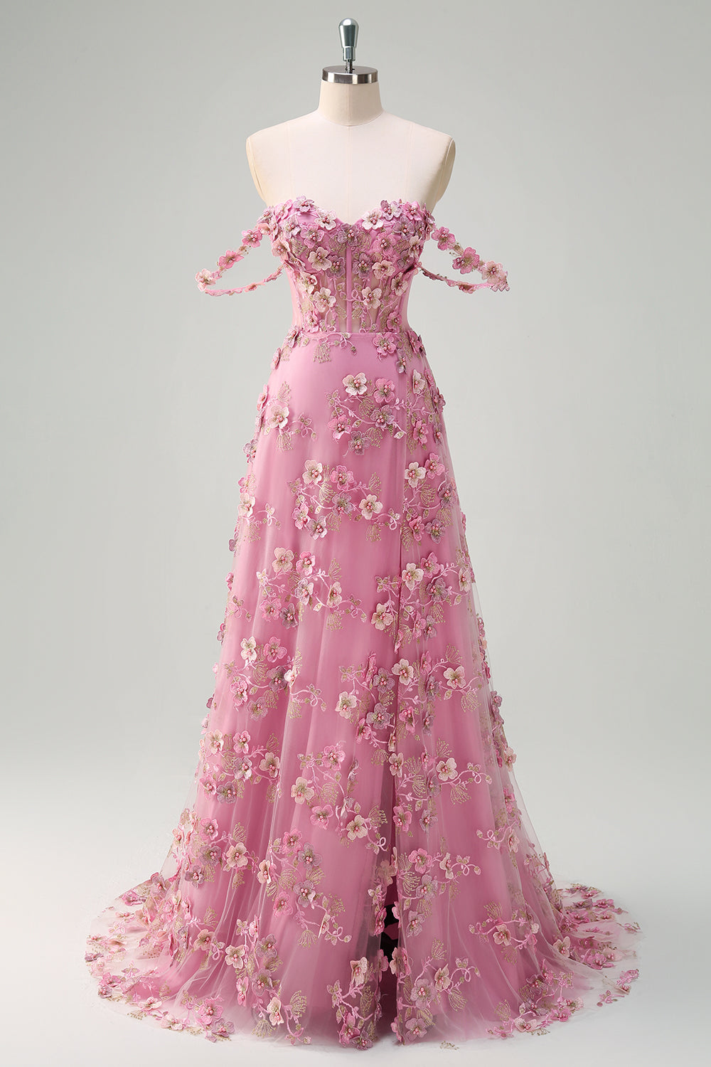 Taro Purple Off the Shoulder Plus Size Corset Applique Prom Dress with Slit