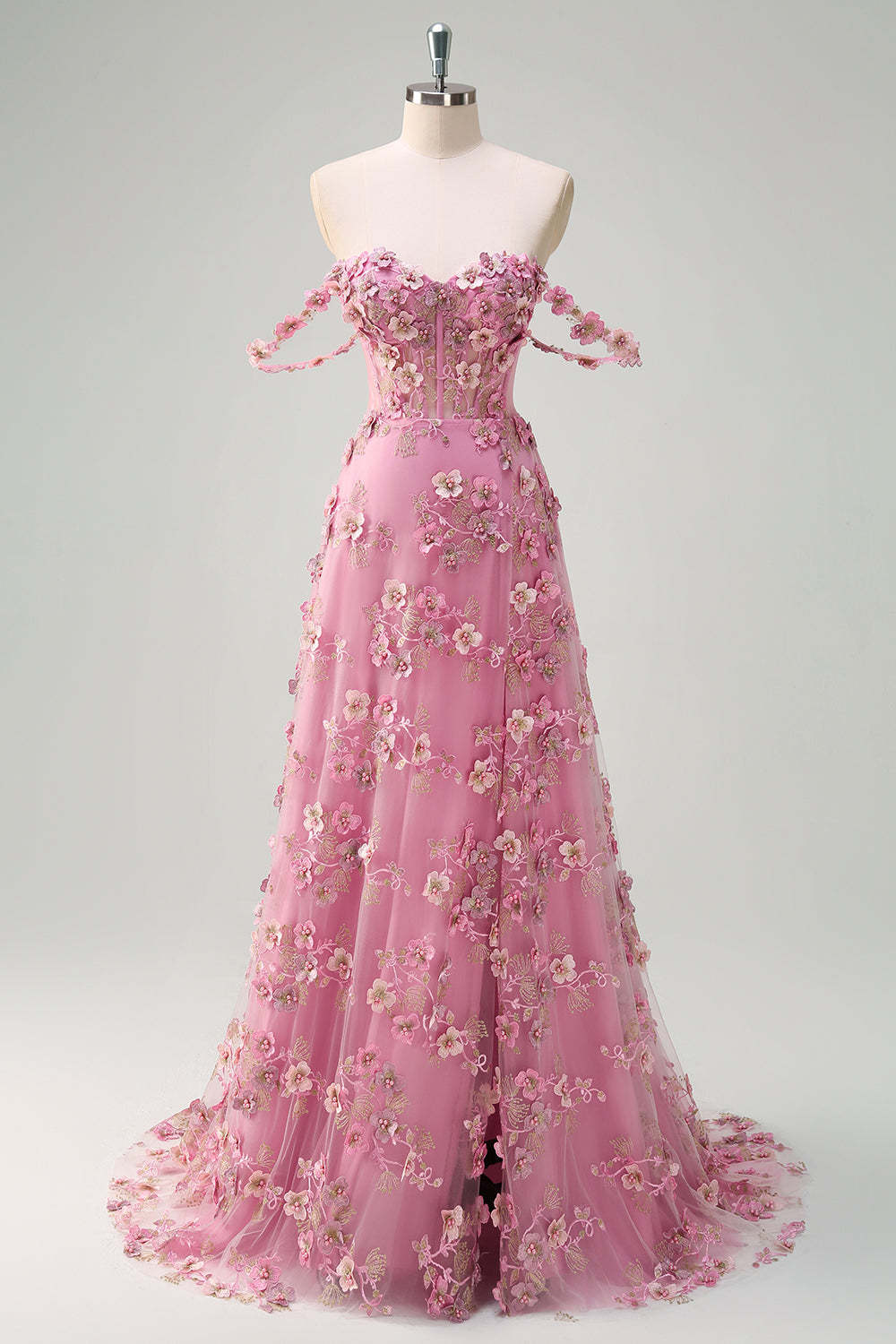 Taro Purple Off the Shoulder Plus Size Corset Applique Prom Dress with Slit