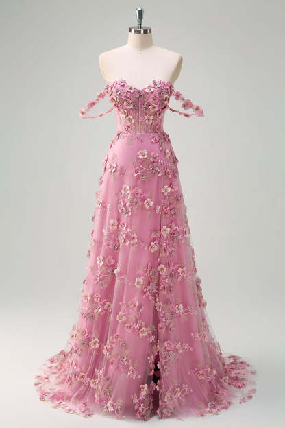 Taro Purple Off the Shoulder Plus Size Corset Applique Prom Dress with Slit