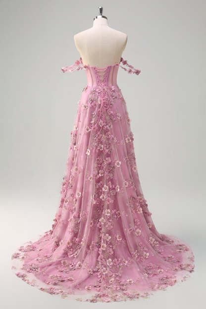 Taro Purple Off the Shoulder Plus Size Corset Applique Prom Dress with Slit