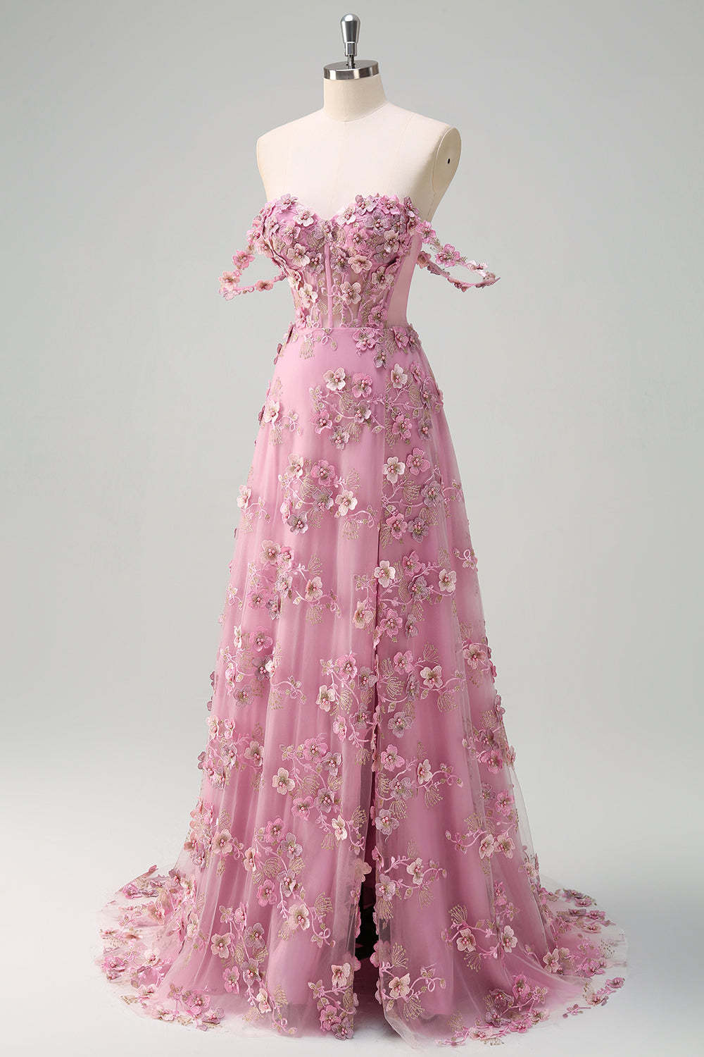 Taro Purple Off the Shoulder Plus Size Corset Applique Prom Dress with Slit